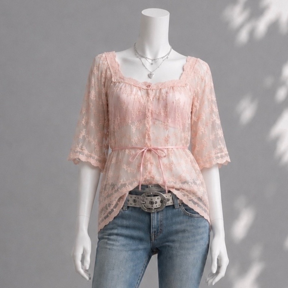 Vintage Y2K Ultra Pink Coquette Top L Pink Sheer Embroidered Mesh Lace Fairycore